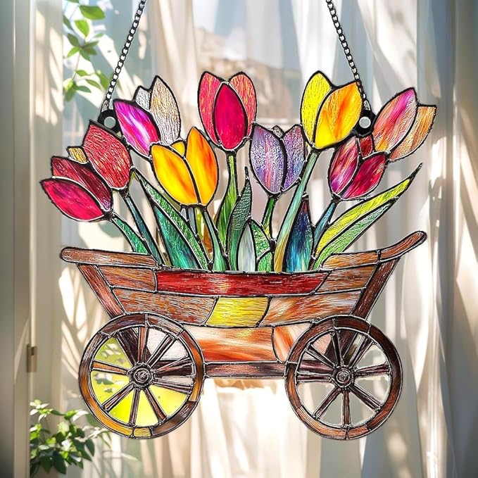 Acrylic Suncatcher Colorful Window Hanging Ornament Sun Catcher Panel for Home Decor Car Garden Gift Tulip Cart Faux Stained Glass Suncatcher