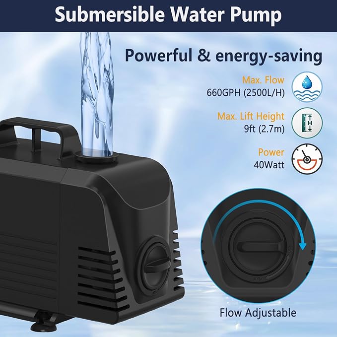 AquaMiracle Pond Waterfall Kit with LED Lights, All-in-1 Stainless Steel Spillway with 660GPH Water Pump, Outdoor Waterfall Fountain for Garden, Backyard & Pool Decor (8inch)
