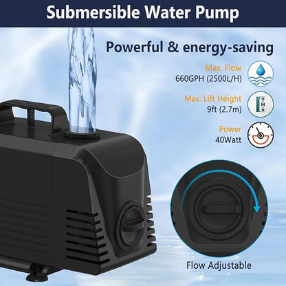 AquaMiracle Pond Waterfall Kit with LED Lights, All-in-1 Stainless Steel Spillway with 660GPH Water Pump, Outdoor Waterfall Fountain for Garden, Backyard & Pool Decor (8inch)