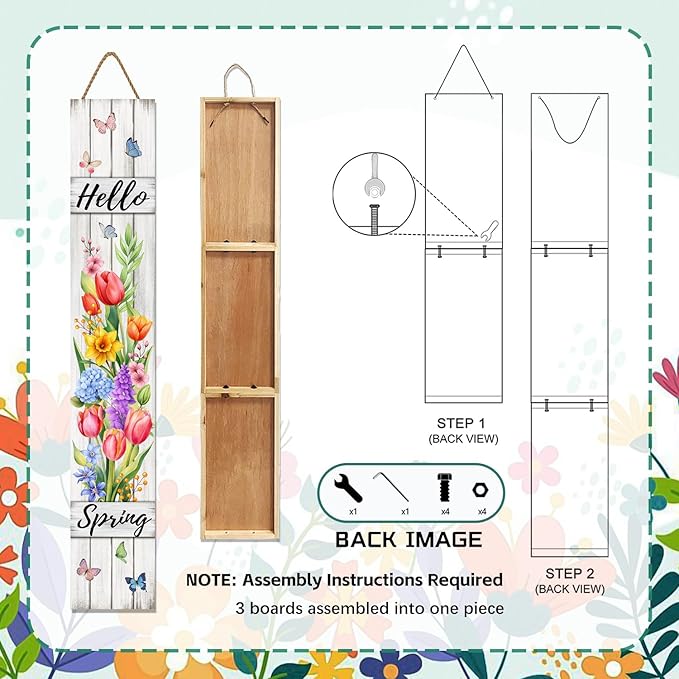 Hello Spring Porch Sign Tulip Butterflies Welcome Sign Rustic Vertical Standing Sign For Front Porch Decor Farmhouse Hanging Wall Sign for Patio Yard Party Indoor Outdoor Decoration 47.2"H