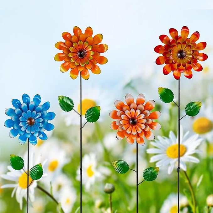 4 Pcs Wind Spinners Outdoor, Small Metal Flower Windmill, Colorful Pinwheels Decorative Garden Stakes for Yard Patio Lawn Garden Decor, 26 x 5 Inches