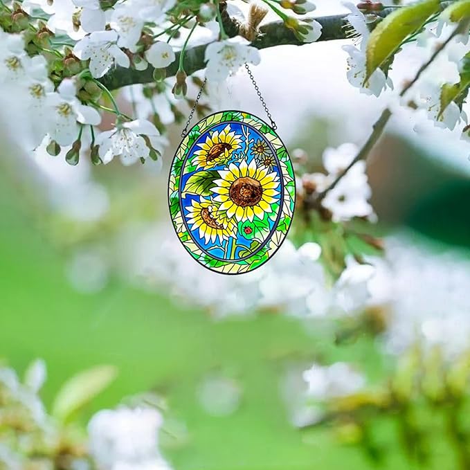 Sunflower Stained Glass Window Hanging Home Decor Suncatchers Indoor Window Gift for Mom Women Flower Lovers