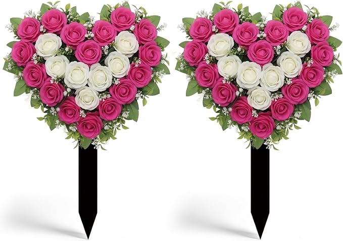 Frienda 2 Sets Cemetery Flowers Grave Stake Metal Floral Decor for Tombstone, Outdoor Gravesite Markers for Mom Dad, Memorial Day Spring Easter Grave Decor(Heart,Rose Red,White)