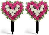 Frienda 2 Sets Cemetery Flowers Grave Stake Metal Floral Decor for Tombstone, Outdoor Gravesite Markers for Mom Dad, Memorial Day Spring Easter Grave Decor(Heart,Rose Red,White)