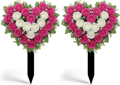 Frienda 2 Sets Cemetery Flowers Grave Stake Metal Floral Decor for Tombstone, Outdoor Gravesite Markers for Mom Dad, Memorial Day Spring Easter Grave Decor(Heart,Rose Red,White)