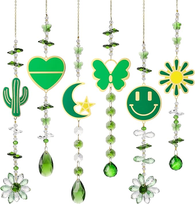 Crystal Sun Catcher Green Rainbow Maker Hanging Suncatchers Window Decor Christmas Ornaments for Tree Gift for Mom Women Set of 6