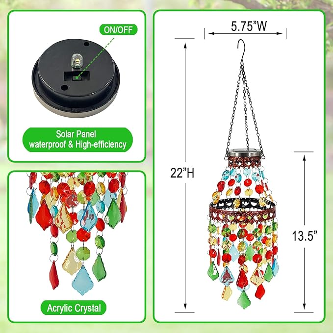 Hanging Solar Lanterns Outdoor Chandelier,2 Tier Acrylic Crystal Wind Chimes for Outside,Solar Lights Color Changing LED Outdoor Decorative for Paito,Porch,Yard