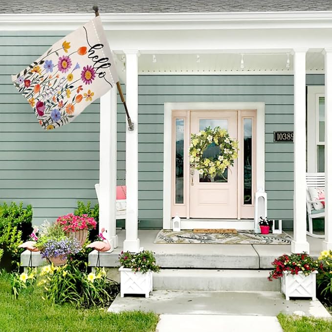 Hello Spring Floral House Flag 28 x 40 Vertical Double Sided Colorful Flowers Summer Farmhouse Holiday Outside Decorations Burlap Yard Flag BW257-40