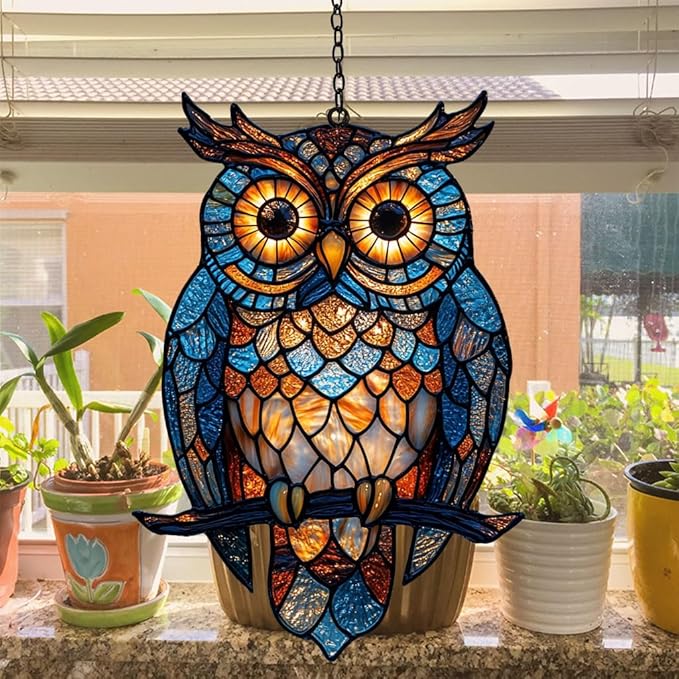 Night Owl Acrylic Suncatcher Stained Glass Effect Window Car Hanging Christmas Ornament Indoor Outdoor Decor Garden Sun Catcher Panel for Owl Lover for Women Mom Grandma