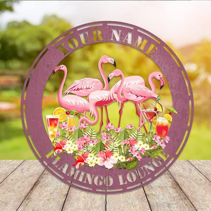 MeMate Flamingo Metal Sign, Outdoor Décor for Backyard, Patio, Pool, Kitchen, Lounge, Personalized Name Outdoor Sign, Pink Metal Sign Housewarming Gift for Family Friend