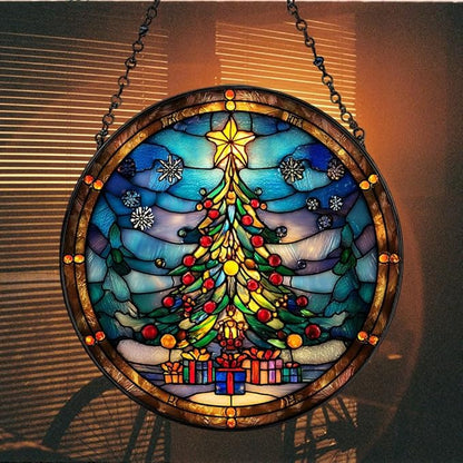 Christmas Tree Presents Star Acrylic Suncatcher Stained Glass Effect Window Car Hanging Christmas Ornament Indoor Outdoor Decor Garden Sun Catcher Panel for Women Mom Grandma