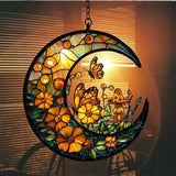 Floral Cresent Moon Acrylic Suncatcher Stained Glass Effect Window Car Hanging Christmas Ornament Indoor Outdoor Decor Garden Sun Catcher Panel for Boho Lover for Women Mom Grandma