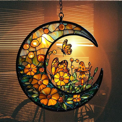 Floral Cresent Moon Acrylic Suncatcher Stained Glass Effect Window Car Hanging Christmas Ornament Indoor Outdoor Decor Garden Sun Catcher Panel for Boho Lover for Women Mom Grandma