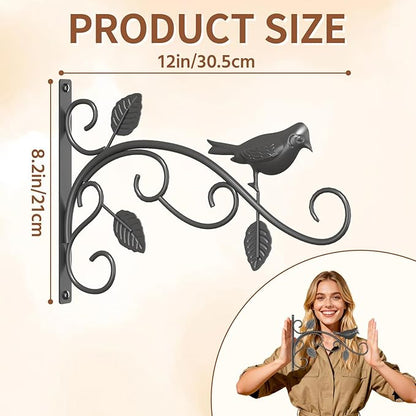 LASZOLA 4 Pack 12 Inch Hanging Plant Brackets, Heavy Duty Iron Wall Hooks with Decorative Bird and Leaf, Rust Proof Metal Outdoor Fence Hangers for Bird Feeders, Planters, Wind Chimes, Lanterns, Black
