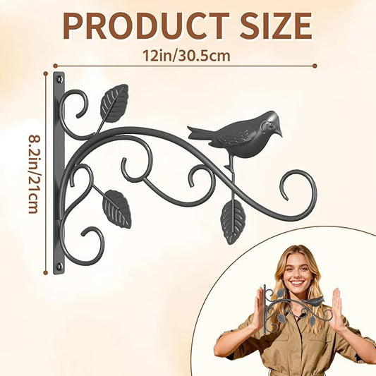 LASZOLA 4 Pack 12 Inch Hanging Plant Brackets, Heavy Duty Iron Wall Hooks with Decorative Bird and Leaf, Rust Proof Metal Outdoor Fence Hangers for Bird Feeders, Planters, Wind Chimes, Lanterns, Black