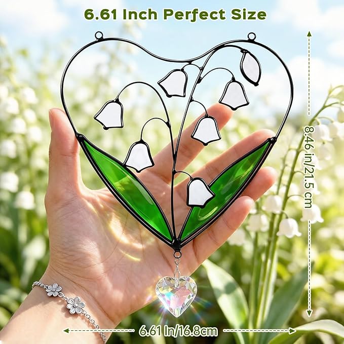 Lily of The Valley Sun Catcher Stained Glass Window Hanging - IDEA SHOW 6.6 Inch Handmade Real Glass Suncatcher Ornaments, Memorial Gifts for Women, Mom, Plant Lover Gifts for Indoor Home Wall Decor