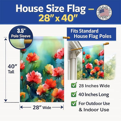 Caroline's Treasures Ohio Scarlet Carnations in Watercolor House Flag Large Porch Sleeve Pole Decorative Outside Yard Banner Artwork Wall Hanging, Polyester, House Size, Multicolor