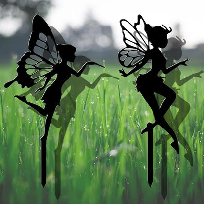 Garden Stake Metal Outdoor Decoration - Fairy With Magic Garden Stakes Outdoor Garden Decor Fairy Art Lawn Garden Silhouette Black Fairy Silhouette Stake for Yards, Gardens Spring Decor - Set of 2