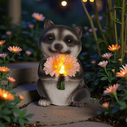 Solar Raccoon Garden Decor Raccoon Gifts Outdoor Decor with LED Lights, Decor for Garden, Patio, Yard, Indoor Outdoor Use, Solar-Powered Automatic Lighting（Pink）