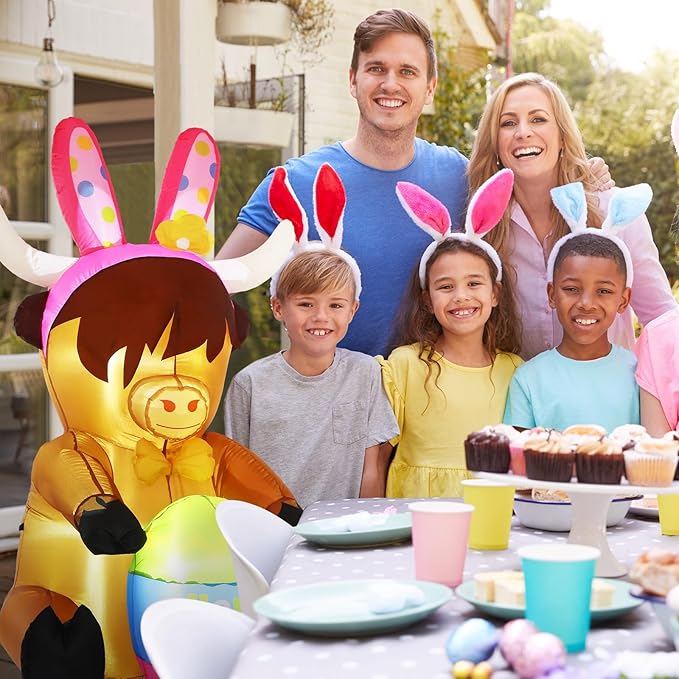 5ft Easter Inflatables Outdoor Decoration Blow up Highland Cow Yard Decor with Built in Light Inflatable Bunny Ears with Egg Weatherproof for Outdoor Holiday Party Yard Garden Lawn