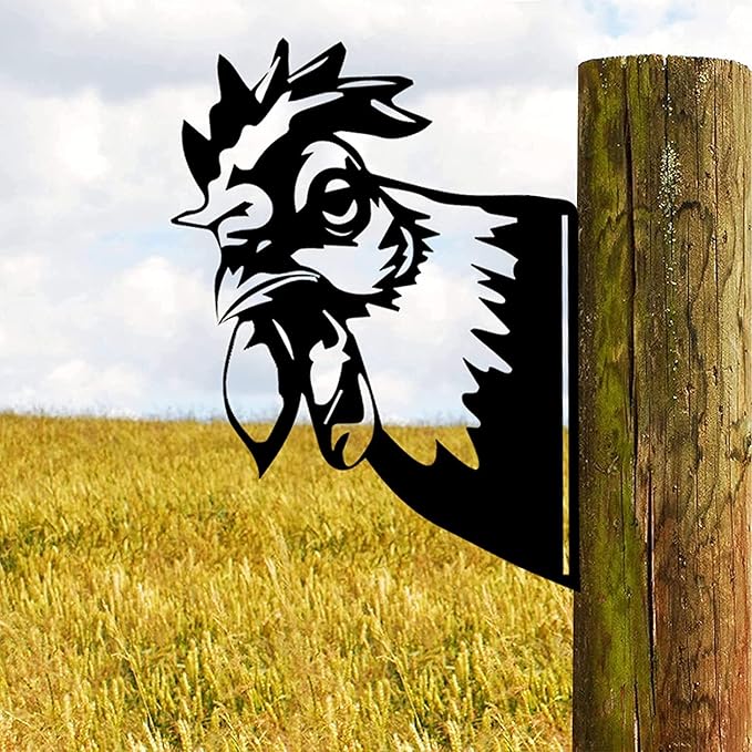 Farm Peeping Cow Metal Art Outdoor Decor Garden Fence Decoration, Farmhouse Backyard Hang Artwork Wall Decor, Outdoor Yard Patio Lawn Statue Gift for Loved Dad Grandpa (Rooster)