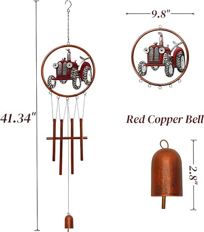 41.34″ Long Vintage Farm Tractor Wind Chimes for Outdoors - Hand-Painted Red Metal Art for Garden, Patio, Porch - Unique Nostalgic Gift for Dad, Grandpa, Farmers & Childhood Memory Decor