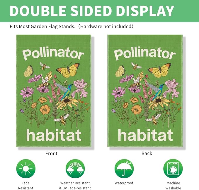 Perfectinsoy Pollinator Habitat Garden Flag, Pollinator Friendly Garden Sign, Eco-Friendly Welcome Yard Home Holiday Farmhouse Porch Patio Outdoor Decor, Flag Gifts for Native Plants Lovers Gardener