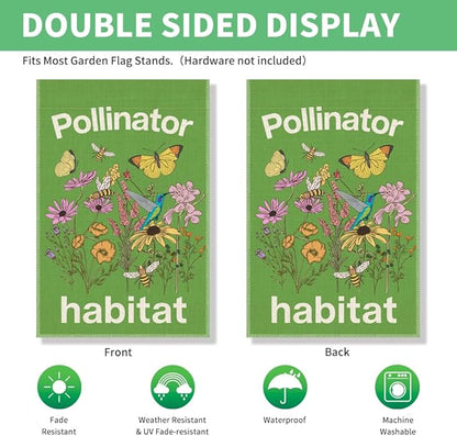 Perfectinsoy Pollinator Habitat Garden Flag, Pollinator Friendly Garden Sign, Eco-Friendly Welcome Yard Home Holiday Farmhouse Porch Patio Outdoor Decor, Flag Gifts for Native Plants Lovers Gardener