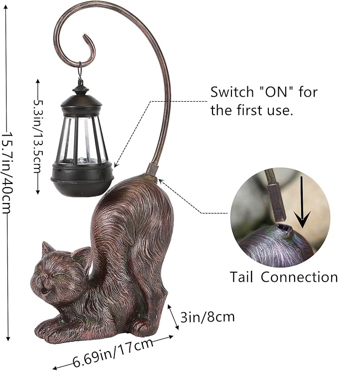 Solar Cat Figurine, 15.7 Inches Tall LED Waterproof Antique Bronze Resin Statue, Auto On/Off at Dusk for Cat Lovers or Memento Gift Outdoor Decor