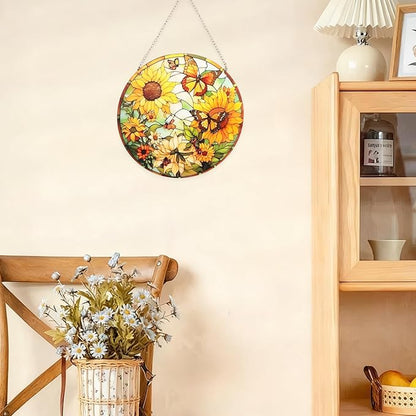 Sunflower Stained Window Hanging Suncatcher 7.9" Hand-Painted Sun Catcher Ornament for Home Garden Christmas Mother’s Day & Valentine’s Day Gift