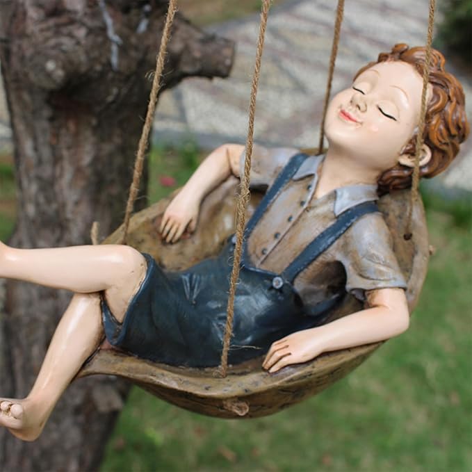 Swing Statue Tree Hanging Ornament Sleeping Boy Look Swinging Figurine Sculpture Decor for Outdoor Garden Courtyard