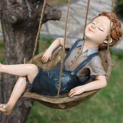 Swing Statue Tree Hanging Ornament Sleeping Boy Look Swinging Figurine Sculpture Decor for Outdoor Garden Courtyard