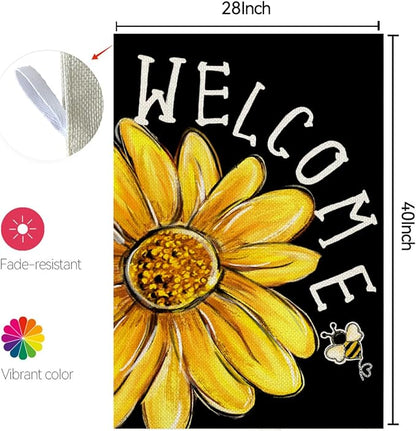 CROWNED BEAUTY Spring Summer House Flag Daisy Bee Double Sided 28x40 Inches Large Burlap Welcome Holiday Seasonal Yard Decoration for Outside Porch