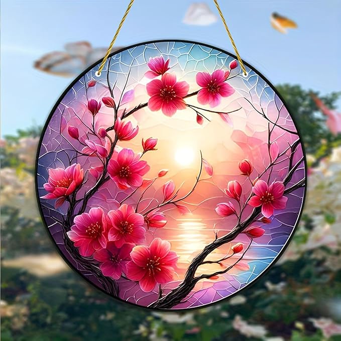 Banax Stained Glass Window Hanging Sunrise Suncatcher, 8 Inch Round Plum Blossom Glass Sun Catcher for Window Wall Art for Home, Patio, Porch, Outdoor Garden Décor Gift