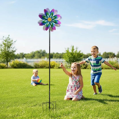 360°Metal Wind Spinner Outdoor,13”Double Wind Sculptures Garden Pinwheels with Metal Stak,Waterproof Pinwheels Large Wind Spinner for Yard and Garden（Purple）