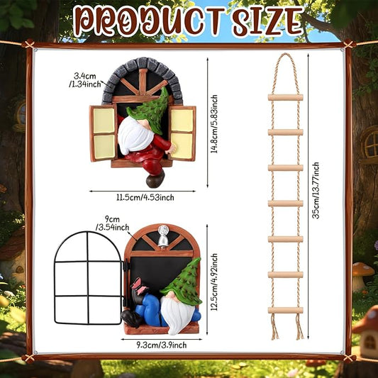 Thyle 4 Pieces Garden Gnomes Outdoor Tree Hugger Gnome Fairy Statue Elf Out the Door Resin Figurine Hanging Ladder Decoration Tree Faces Decor Outdoor for Patio Yard Lawn (Woodland Style)