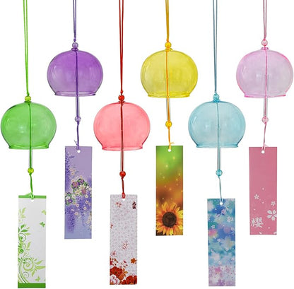 MrMrKura 6 Pcs Japanese Wind Chimes, Colorful Glass Wind Chimes with Label Handmade Bell Wind Chime Pendent for Outside Garden Patio Home Decor (Colorful)