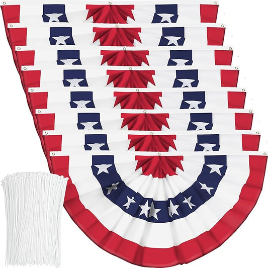8 Piece USA Pleated Fan Banner Flag with Canvas Header and Brass Grommets for 4th of July, Memorial Day Indoor/Outdoor Decoration (1.5x3 Feet)