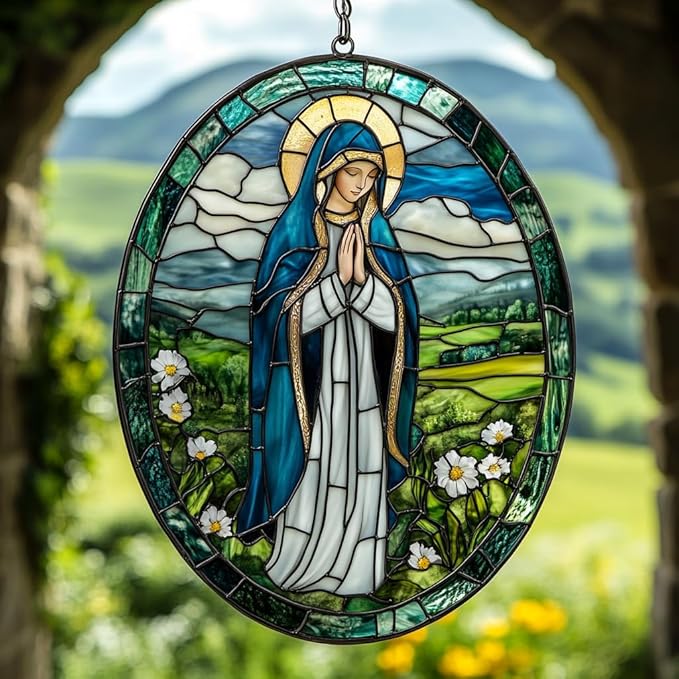 Virgin Mary Acrylic Suncatcher Stained Glass Effect Window Car Hanging Christmas Ornament Indoor Outdoor Decor Garden Memorial Sun Catcher for Family Christmas Jesus Gift for Women Mom Grandma