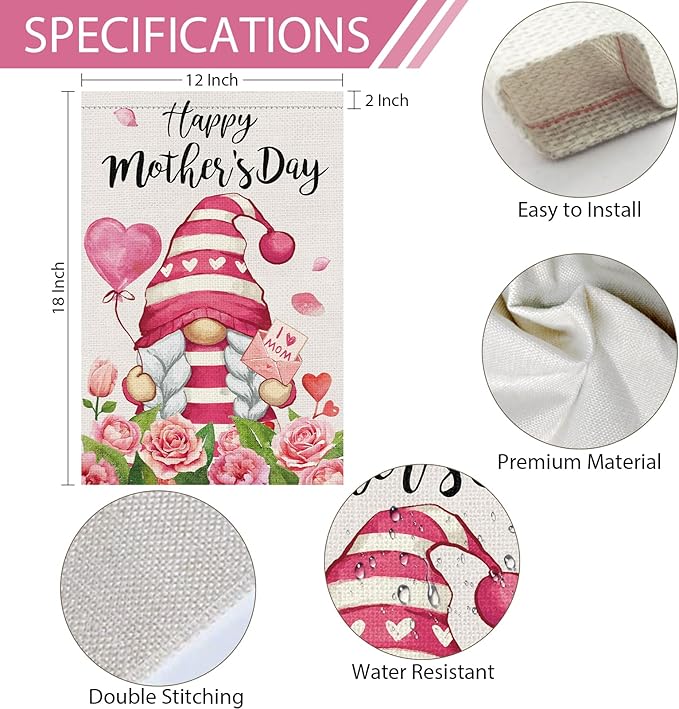 Heyfibro Happy Mother's Day Gnome Garden Flag 12x18 Double Sided Burlap, I Love Mom Flower Rose Love Heart Yard Banner for Spring Outside Outdoor House Mothers Day Decoration (ONLY FLAG)
