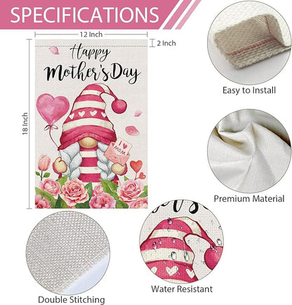 Heyfibro Happy Mother's Day Gnome Garden Flag 12x18 Double Sided Burlap, I Love Mom Flower Rose Love Heart Yard Banner for Spring Outside Outdoor House Mothers Day Decoration (ONLY FLAG)