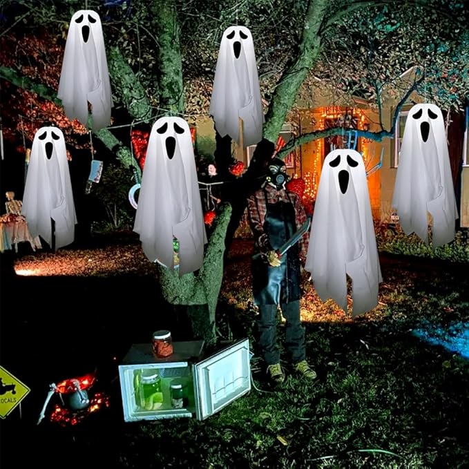 Bunny Chorus Halloween Decorations Outdoor Hanging Ghosts, 6Pcs Cute Hanging Light up Ghosts, Halloween Decorations for Home Patio Yard Lawn Tree Party Garden Porch Decor Indoor Outdoor