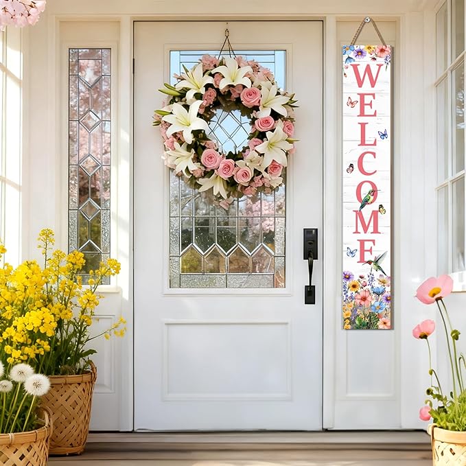 Hummingbird Welcome Sign for Front Door, Spring Porch Sign Tulip Flowers Outdoor Yard Sign Seasonal Tall Floral Welcome Porch Sign Wildflowers Wood Door Sign for Garden Patio Wall Home Decor