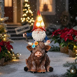 Solar Highland Cow Statue with Gnome Holding Welcome Sign Resin Highland Cow Figurines 9.2" Waterproof for Outdoor Lawn Yard Porch Patio Decor Housewarming Gifts for Women Mom Grandma