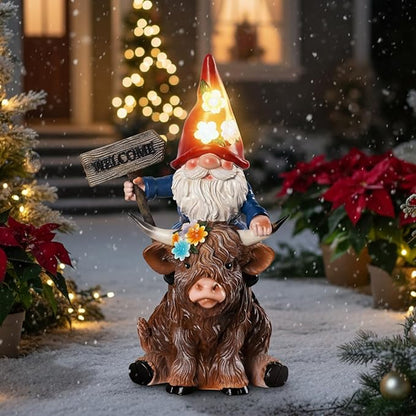 Solar Highland Cow Statue with Gnome Holding Welcome Sign Resin Highland Cow Figurines 9.2" Waterproof for Outdoor Lawn Yard Porch Patio Decor Housewarming Gifts for Women Mom Grandma