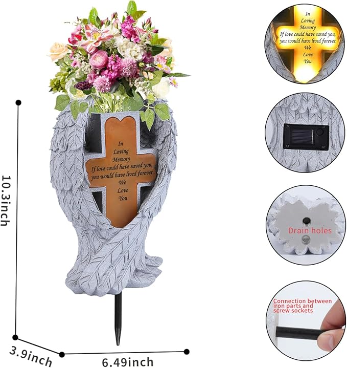 Grave Decorations for Cemetery， Heaven Angel Wing Cross, Graveyard Decorations, Vase with Solar LED Lamp, Resin Decorated Bereavement Statue, Gift in Memory of Relatives (White)