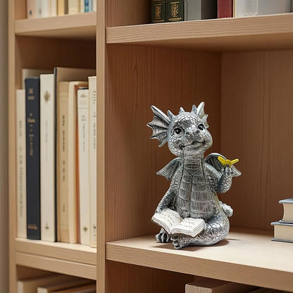 Cute Dragon Reading Book Statue, 5.9-Inch Tall Dinosaur Holding Butterfly Figurines Art Resin Sculpture Outdoor Garden Decor Home Desk Ornaments
