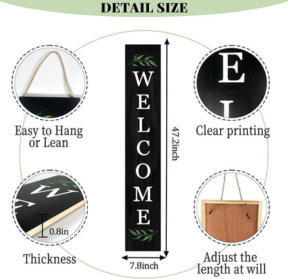 Welcome Wooden Porch Sign 47" Front Door Rustic Standing Large Welcome Porch Sign for Home Front Door Yard Season Party Decor (Black)