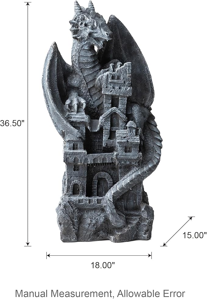 Glitzhome 37" H Mystical Gothic Dragon Perched ATOP The Castle Sculptural, Polyresin Garden Dragon Outoor Statues 4 Tier Waterfalls Floor Fountain with LED Dragon Figurine for Backyard Patio Decor