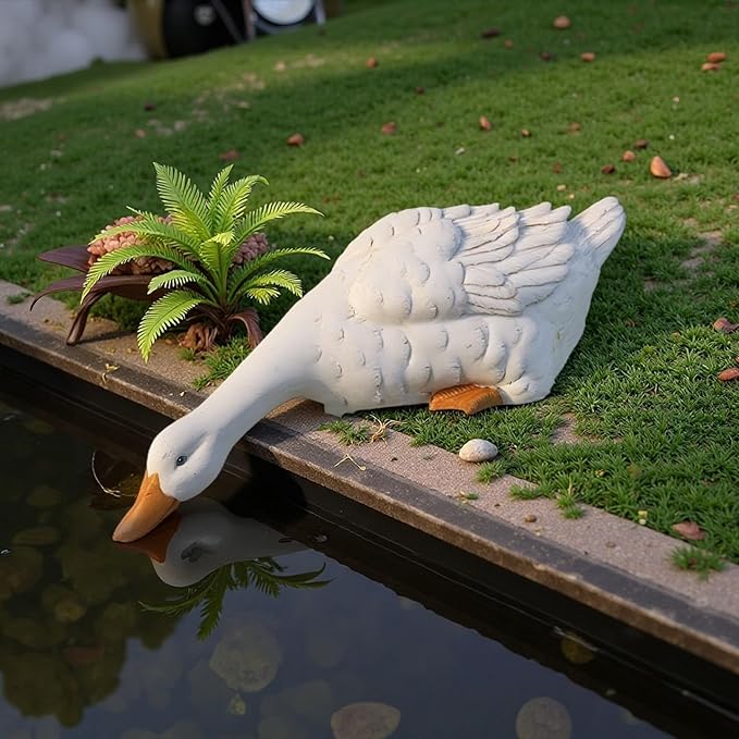 Porch Duck Statue Outdoor Decor,11.0''(D) Drinking White Duck Garden Sculptures for Yard Lawn,Resin Animal Figurines Home Patio Art Decorations